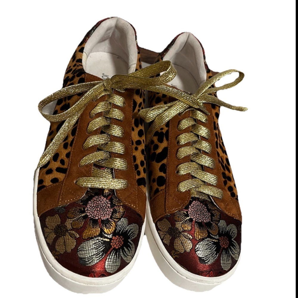 JOHNNY WAS Calfskin Leopard Print and Floral Sneakers Size 9 - Picture 5 of 12